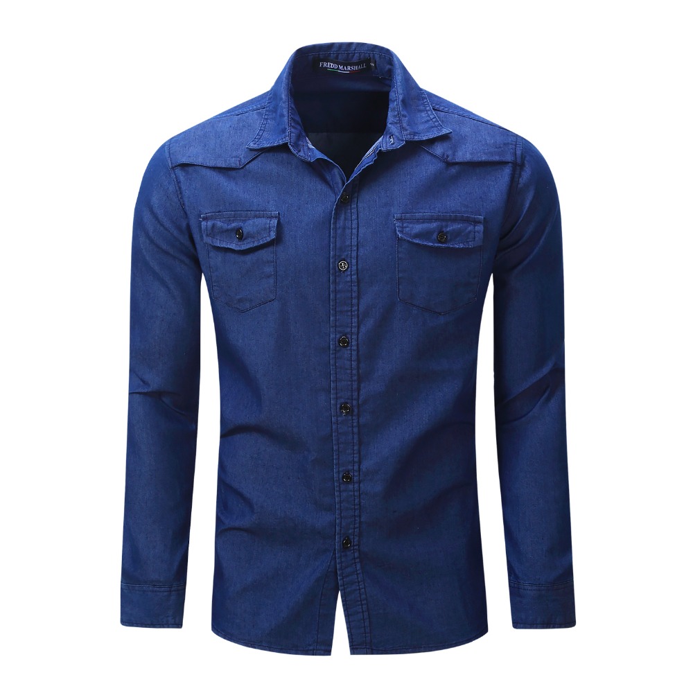 Jeansskjorta herrskjortor manliga långärmade jeans randiga och rutiga skjortor klassiska lediga prickiga toppar: Blå / Us storlek xl