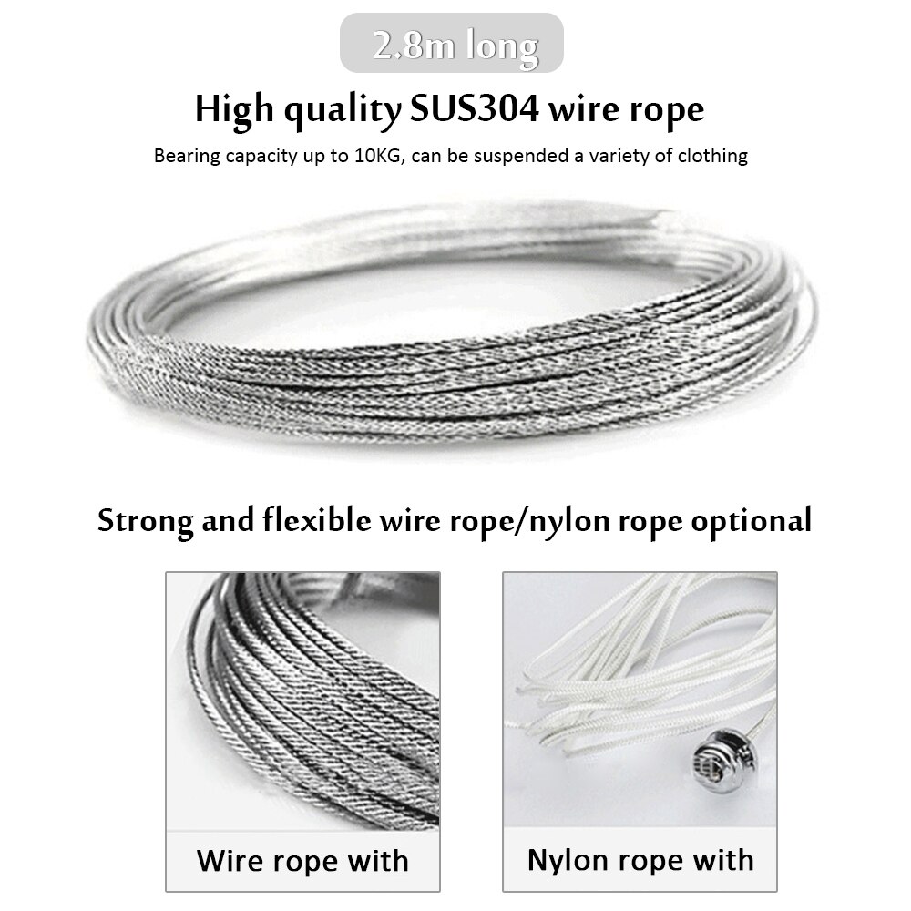 2.8M Retractable Clothesline Steel Wire Clothes Drying Rack Nylon Rope Home Storage Clothing Dryer Punch-Free Laundry Hanger