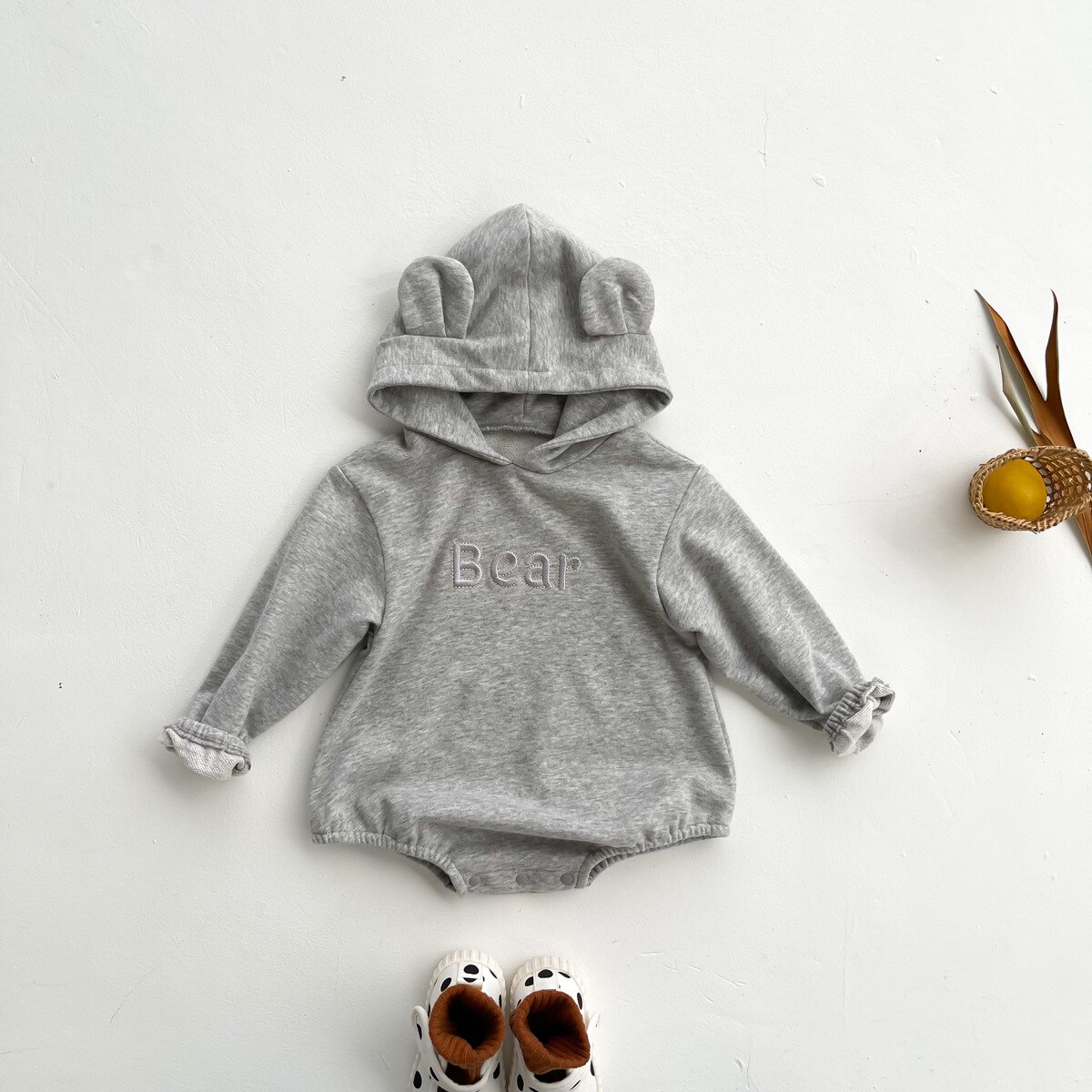 Frühlings- und herbst-Baby-Karosserie mit hasenohren, bestickt mit bärenmotiven, langärmelig, kapuze, baumwolle: Grau / 9m