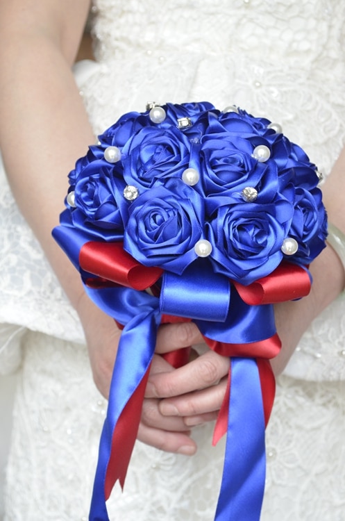bridal wedding bouquet handmade silk satin Rose flower European Royal blue bride bouquet bridesmaid Wedding Bouquet de mariage