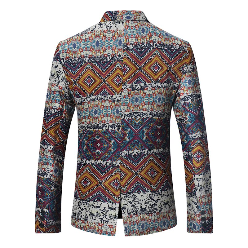Geometry Pattern National Style Printed Suit Jacket Men Slim-Fit Suit Jacket Business Casual Suit Male