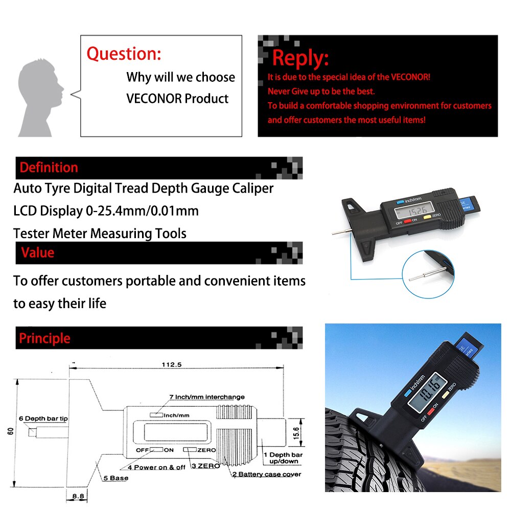 Digital Tread Depth Gauge Measuring Tool With LCD Display Tester Meter For Thread Depth Thickness Detection Inspection Tools