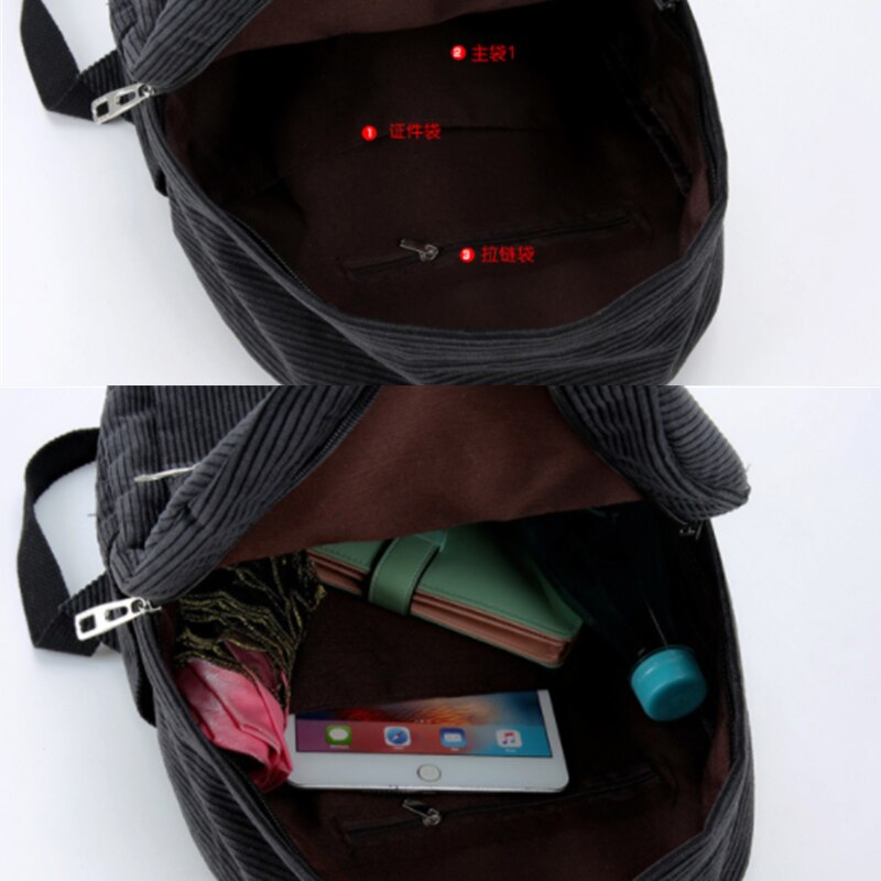 Estilo de tecido macio mochila feminina veludo veludo mochila escolar para adolescente menina listrado