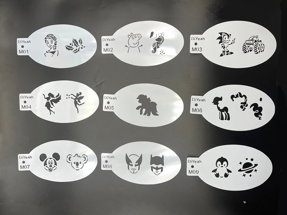 Plantillas para pintar cara y cuerpo, 9 piezas, corona de princesa de dibujos animados, natación, sirena, unicornio, cuerno, perro, maquillaje de Halloween, plantilla de arte, maquillaje: 9 pcs of M series