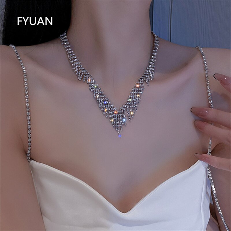 Fyuan Geometrische Tassel Crystal Choker Kettingen Voor Vrouwen Sleutelbeen Ketting Strass Kettingen Bruiloft Sieraden