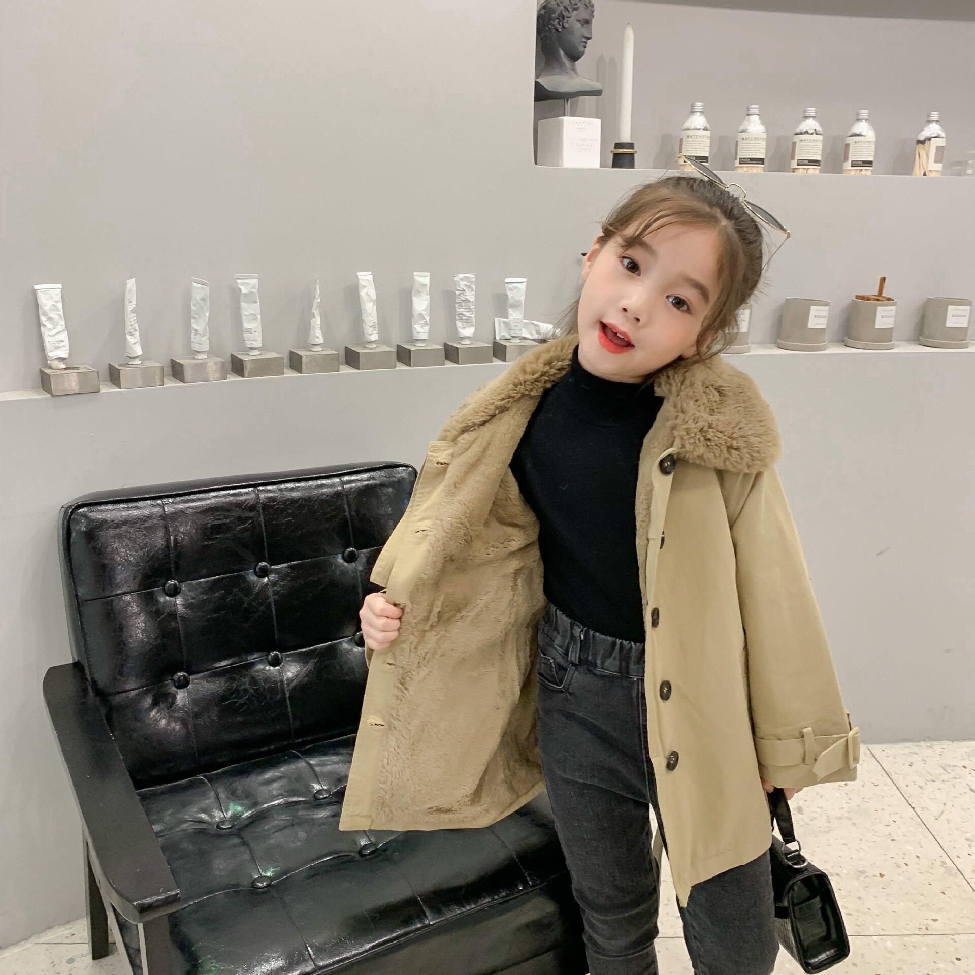 Winter koreaanse kinderjas met bontkraag, dikke katoenen windstopper, lange jas voor coole meisjes