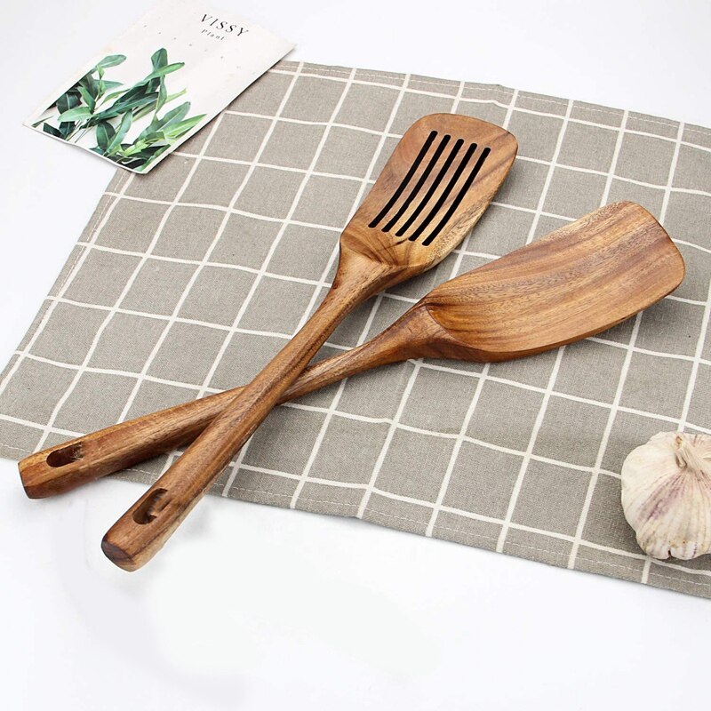 Houten spatel, houten wokspatel voor koken, handvat vierkante kop premium acacia houten keukenset