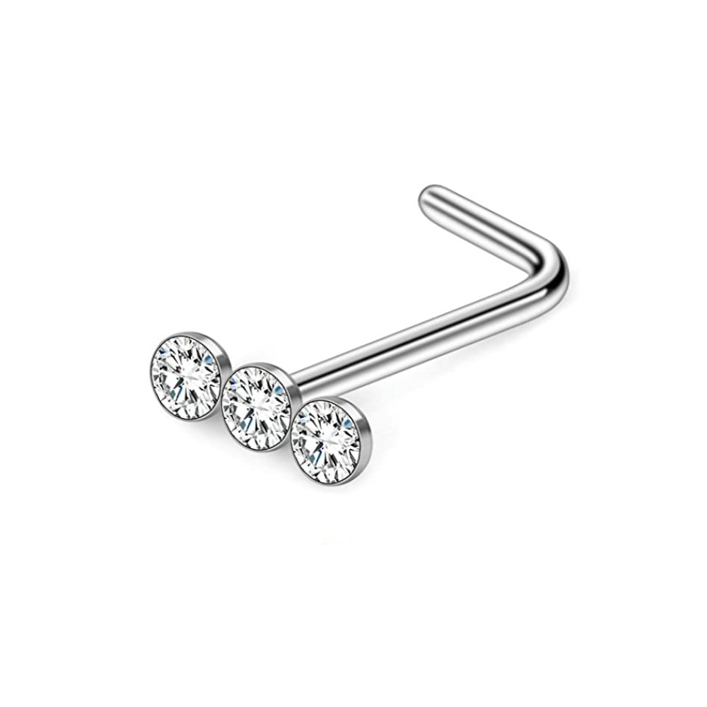Piercing de acero quirúrgico, 3 piezas, 20G, Bola de Gema lineal Triple, Diamante redondo, CZ, para nariz, joyería en forma de L: 1PC A Silver
