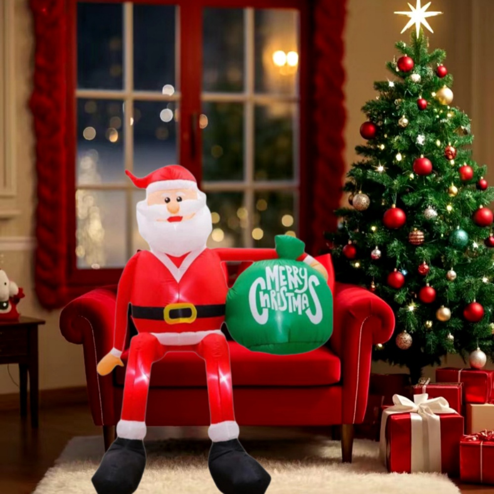 8FT Christmas Inflatable Sitting Santa Holding Bags Outdoor Decoration Rooftop Balcony Garden Party Christmas Decor