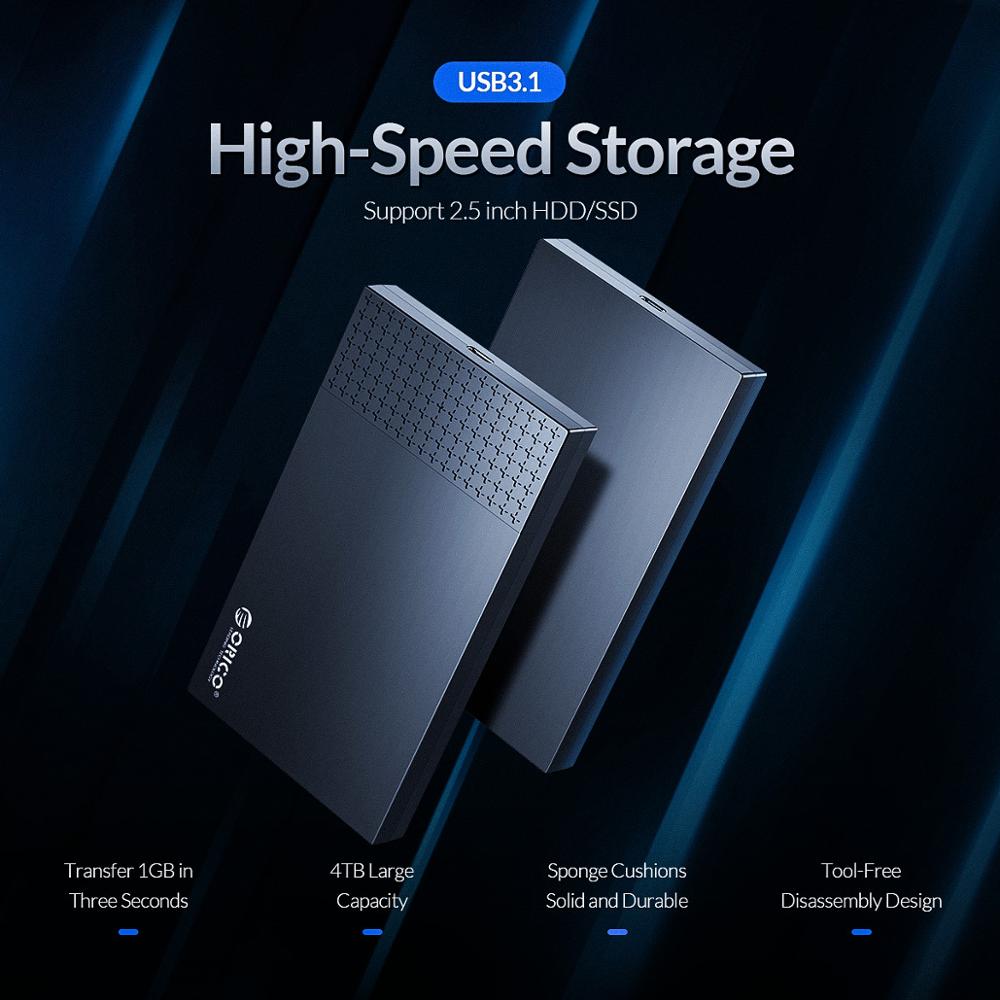 Orico-estojo para hdd 2.5 &quot;tipo-c, usb3.1 para sata3.0, 5gbps, 4tb, ssd, compartimento para disco rígido, usb 3.1, suporte adaptador uasp, sono automático