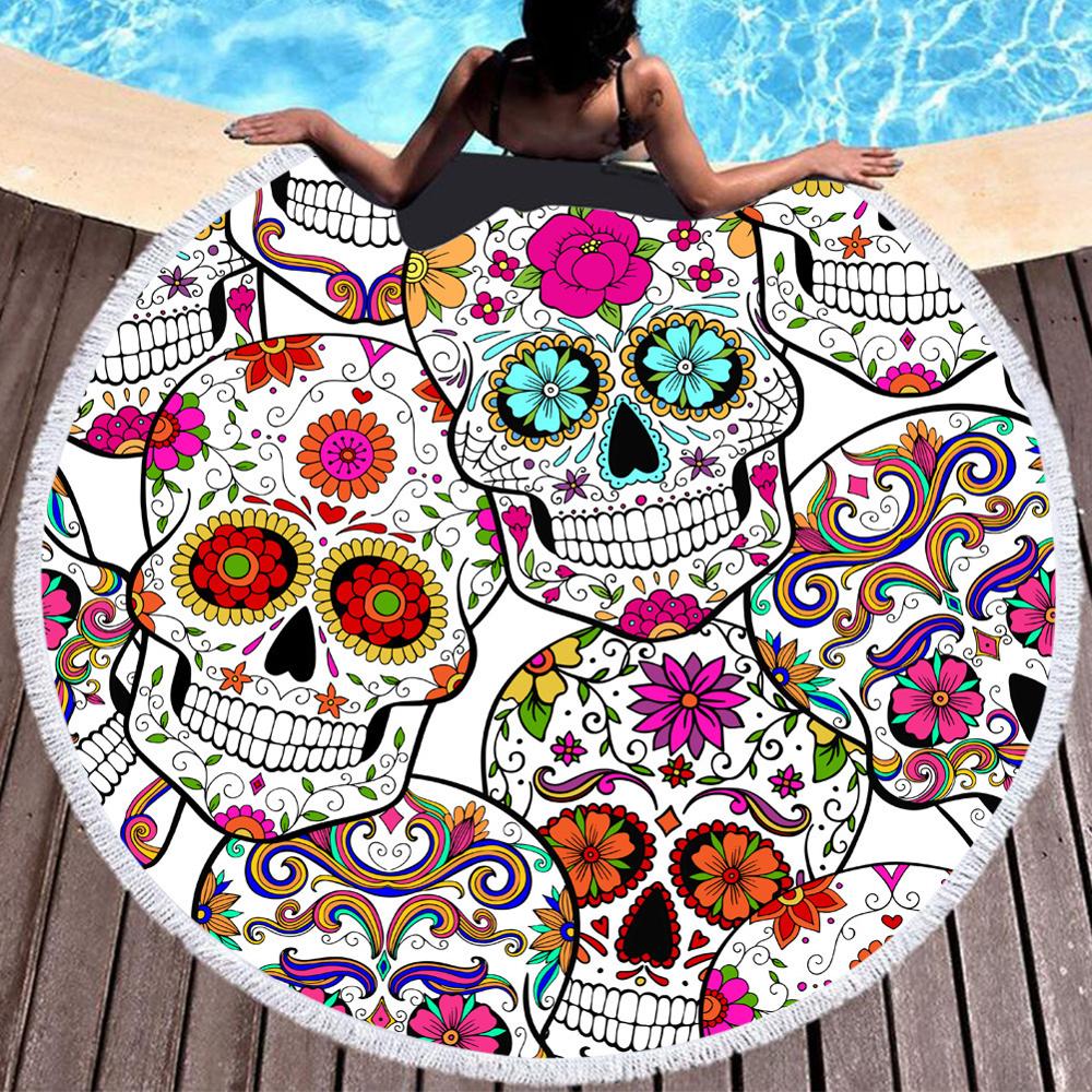 Couleurs crâne rond serviette de plage serviette de bain florale noir tapis de Yoga fleur gothique couverture pique-nique couverture: 2