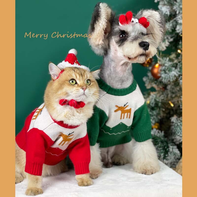 Pet Dog Cat Christmas Red & Green Sweater Jumper Clothes Winter Warm Puppy Hoodie for Small Medium Dogs Schnauzer Jacket Coat