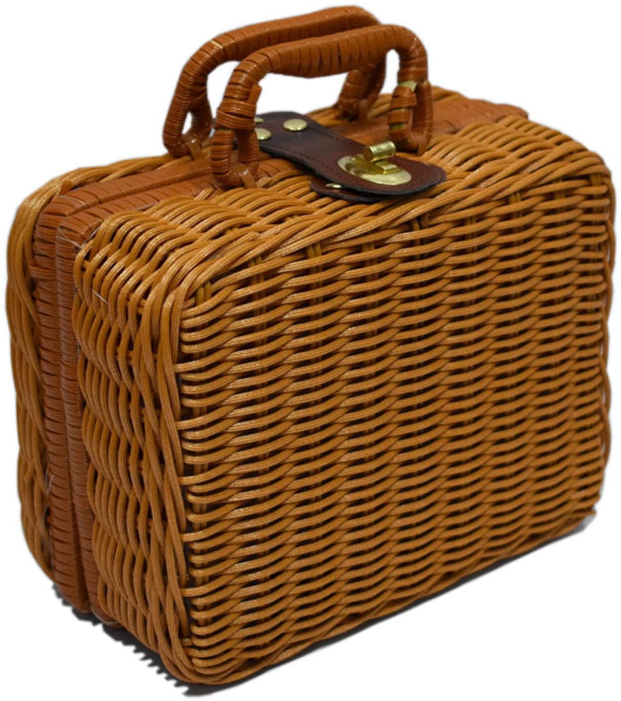 Rattan Portable Storage Box Picnic Basket, Photo Prop Box Suitcase Hand Box Storage Basket with Lid, Rattan Box: 35X24X12CM / green