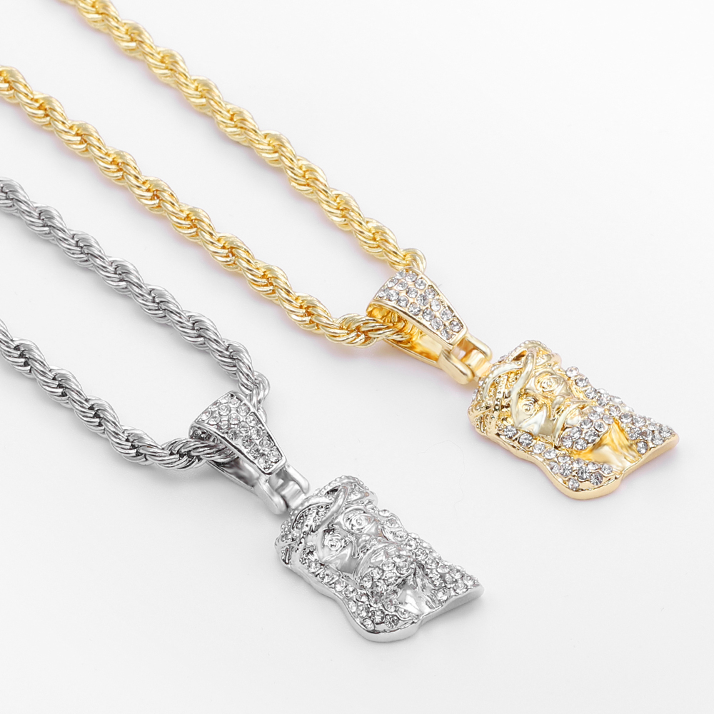 Colgante de cara de cabeza de pieza de Jesucristo para hombres, collar con dije de cristal brillante helado con cadena, joyería de Hip Hop