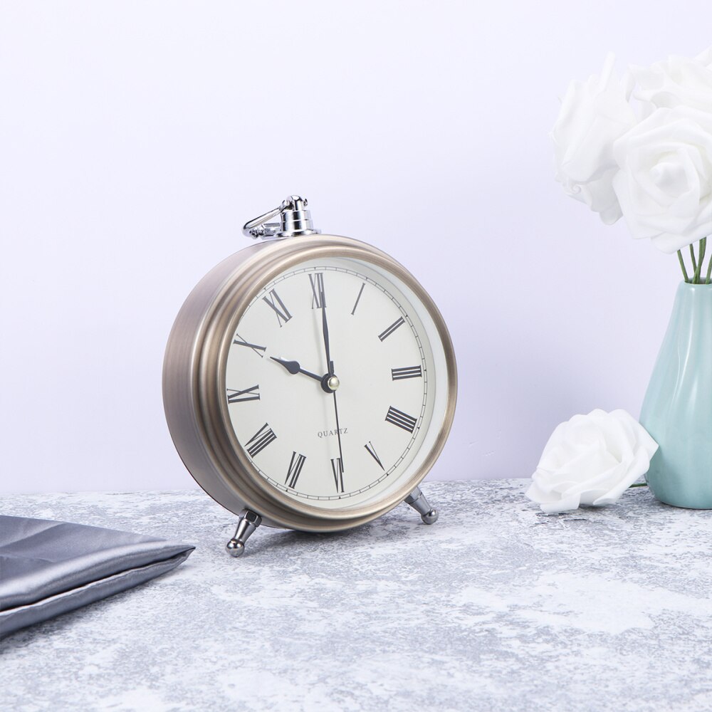 Metal Alarm Clock Roman Numerals Table Bedside Silent Alarm Clock without Battery
