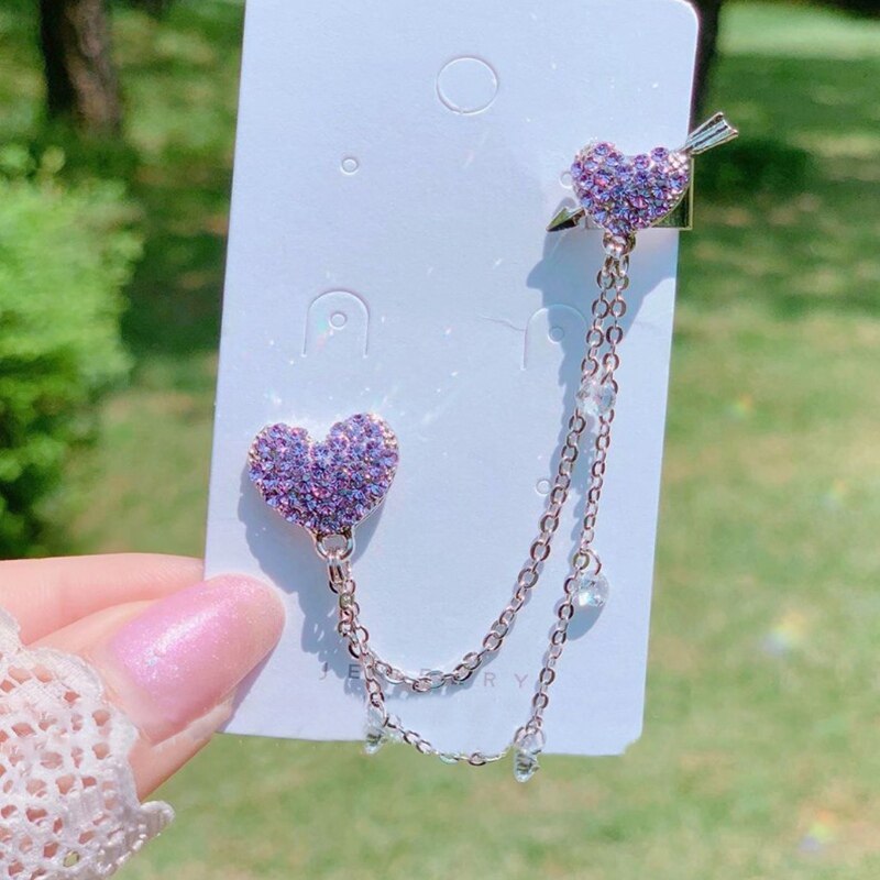 Mengjiqiao coreano elegante brilhante strass amor coração longo chian gota brincos para as meninas 2 em 1 pendientes doce jóias