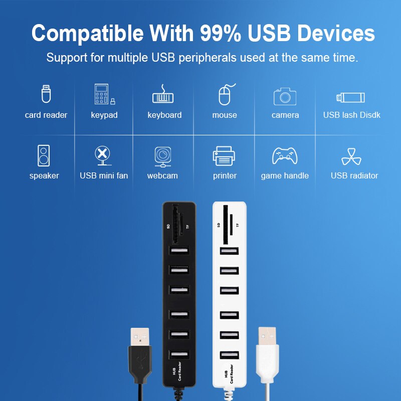 Mini Usb Hub 2.0 Multi Usb 2.0 Hub Usb Splitter 3 Port Hub Hab Adapter Voor Pc Accessoires Met Tf sd Kaartlezer 6 Poort 2.0 Eu