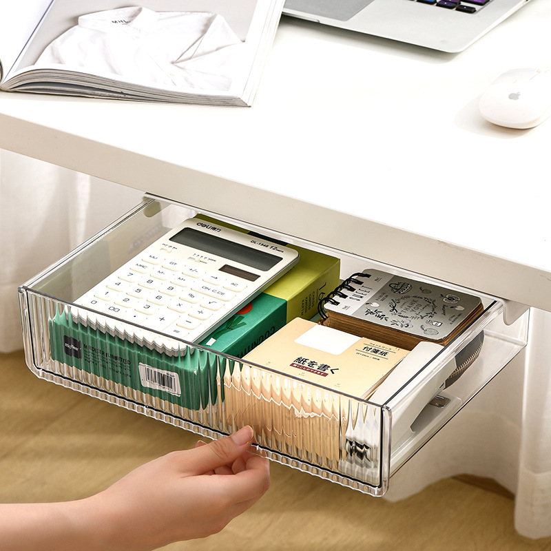 Self-Adhesive Under Desk Drawer Organizer Hidden Space Saving Office Supplies Storage Box Slide Out Pencil Tray Closet Organizer