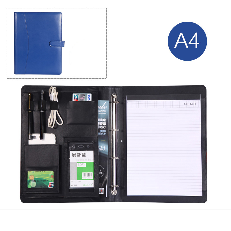 PU artificial leather folder ring binder a4 portfolio for documents padfolio briefcase with notebook cellphone holder 1210C: blue A style