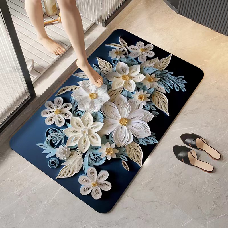 Saugfähige 3D-Badezimmer-Bodenmatte, weicher Kieselgur-Schlamm, Badezimmer-Eingangsteppich, rutschfeste, schnell trocknende Fußmatt für Höhle Haushalt: 40cmX60cm / Marineblau