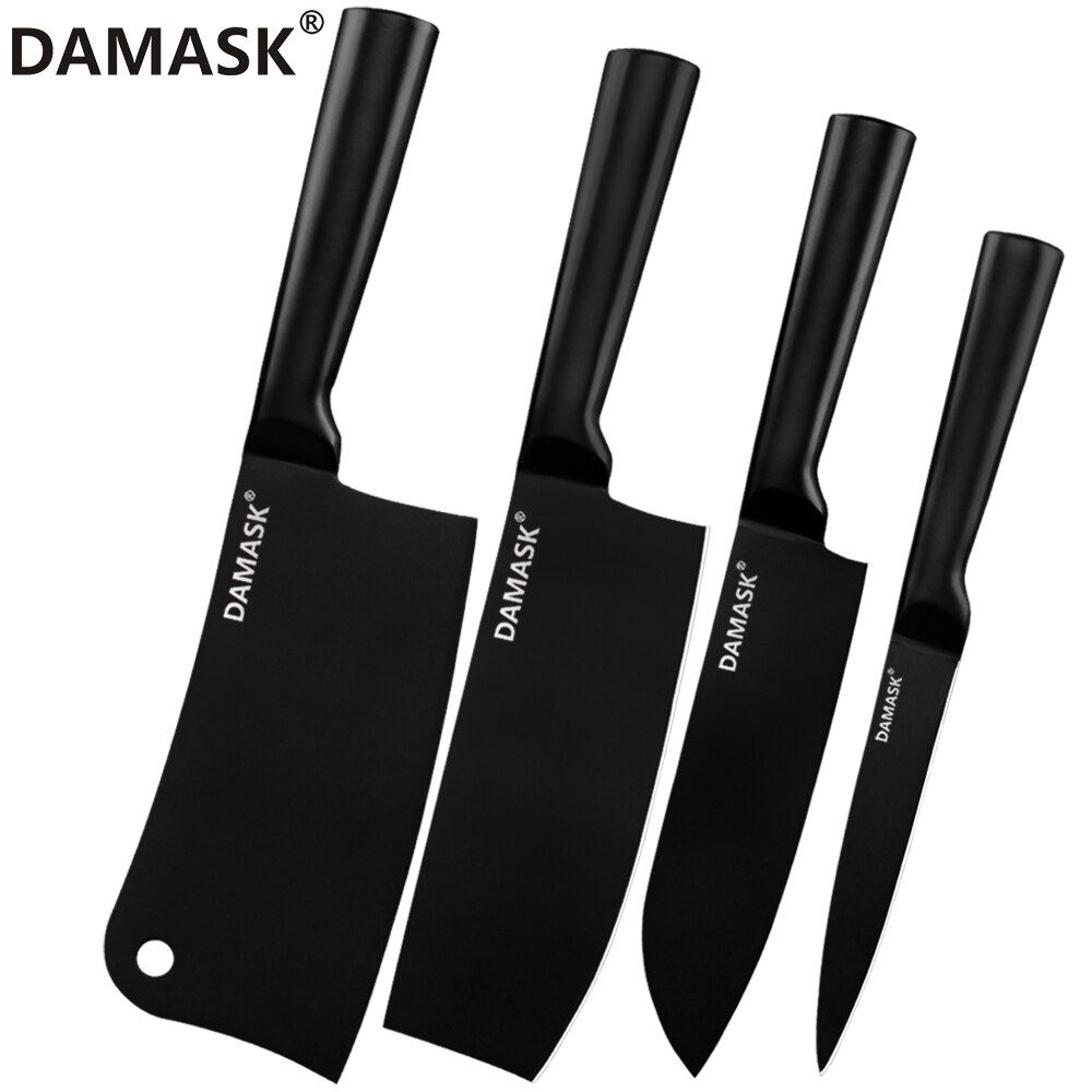 Damask rustfrit stål køkkenkniv sæt sort farve kok hakke nakiri slagter knive sæt 4 cr 14 mov kogekniv: 4 stk sæt