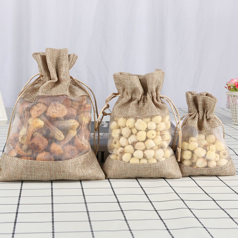 5pcs Pouch Drawstring Burlap Linen Bundle Pocket Jute Sack Candy Storage Bags Christmas Window Jewelry Drawstring