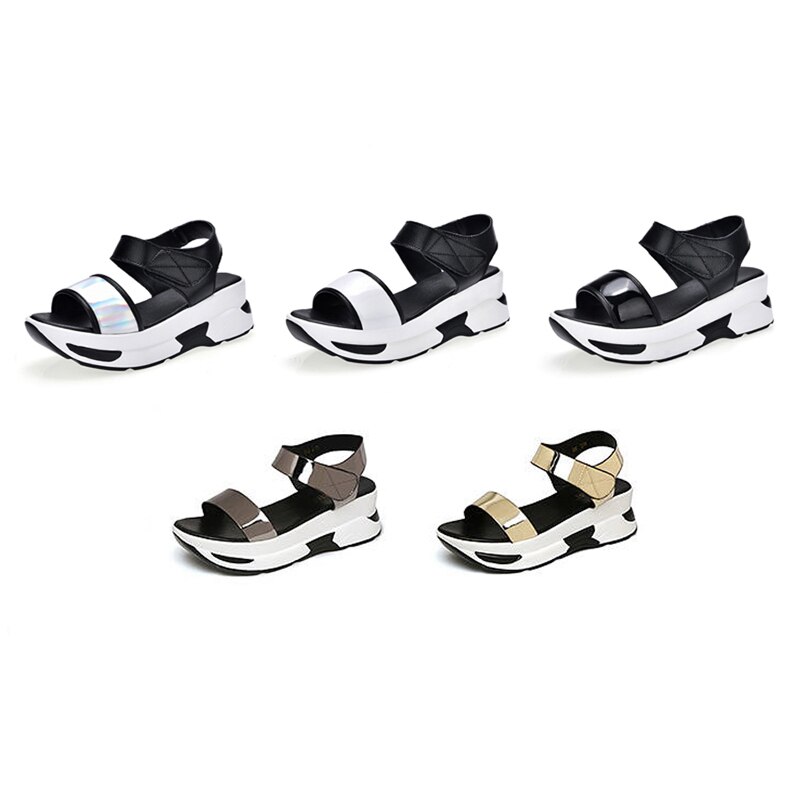 EOFK Summer Fashion damskie sandały na platformie kobieta ze skóry lakierowanej klinowa pętla na co dzień otwarte solidne sandały na płaskim obcasie