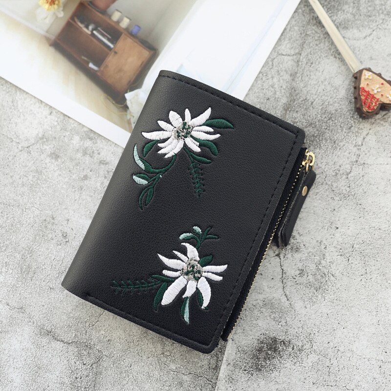 Vrouwen Portefeuilles Print Bloem Korte Wallet Voor Vrouw Rits Mini Portemonnee Dames Kleine Portemonnee Vrouwelijke Lederen Kaart houder: A black