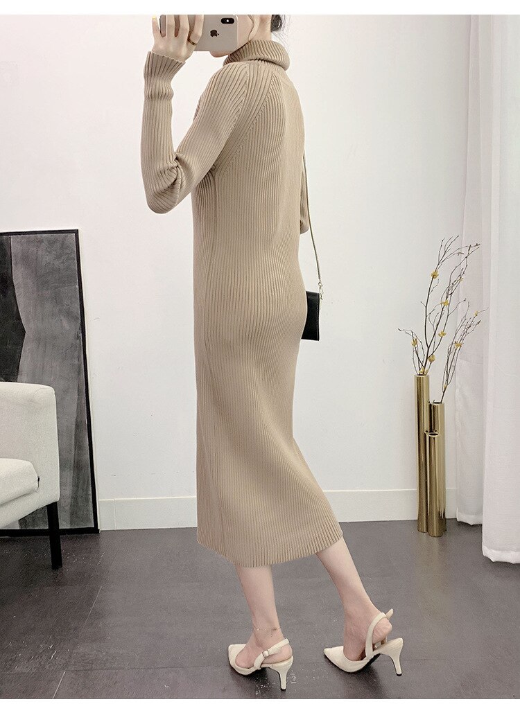 Coltrui Volledige Mouw Gebreide Jurk Vrouwelijke Winter Fall Vestidos Casual Dikke Gedraaide Vrouwen Lange Trui Jurken Beige