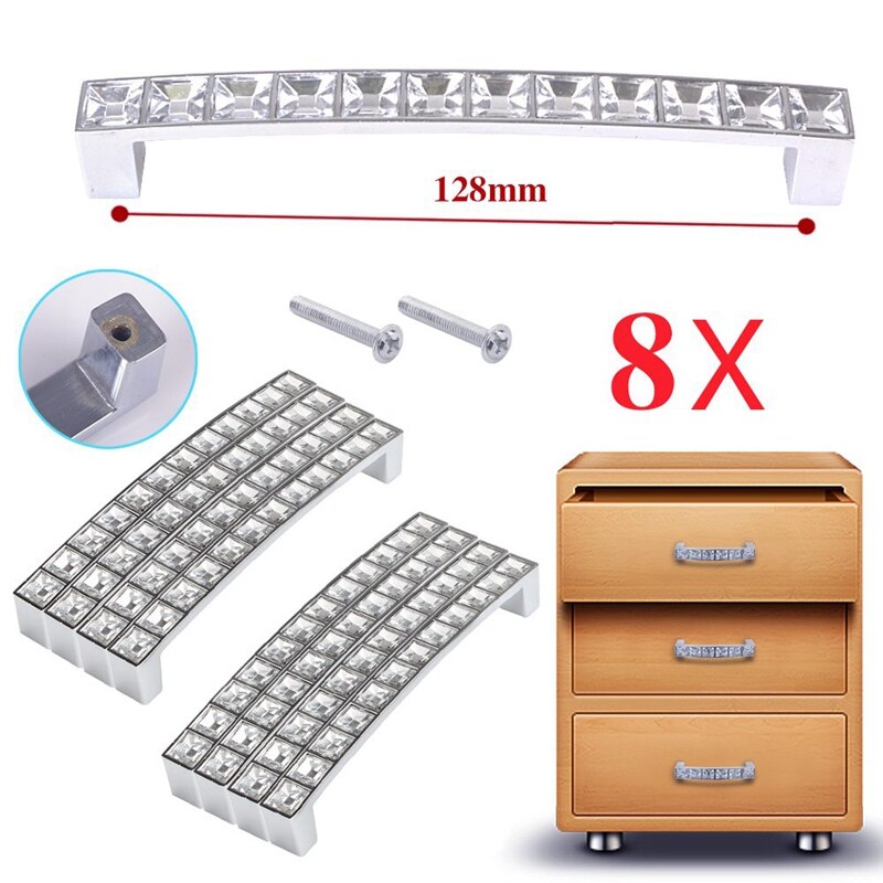 Lot de 8 boutons de poignée carrés en cristal strass, Style européen, clair, pour porte, armoire, tiroir, armoire, 128Mm