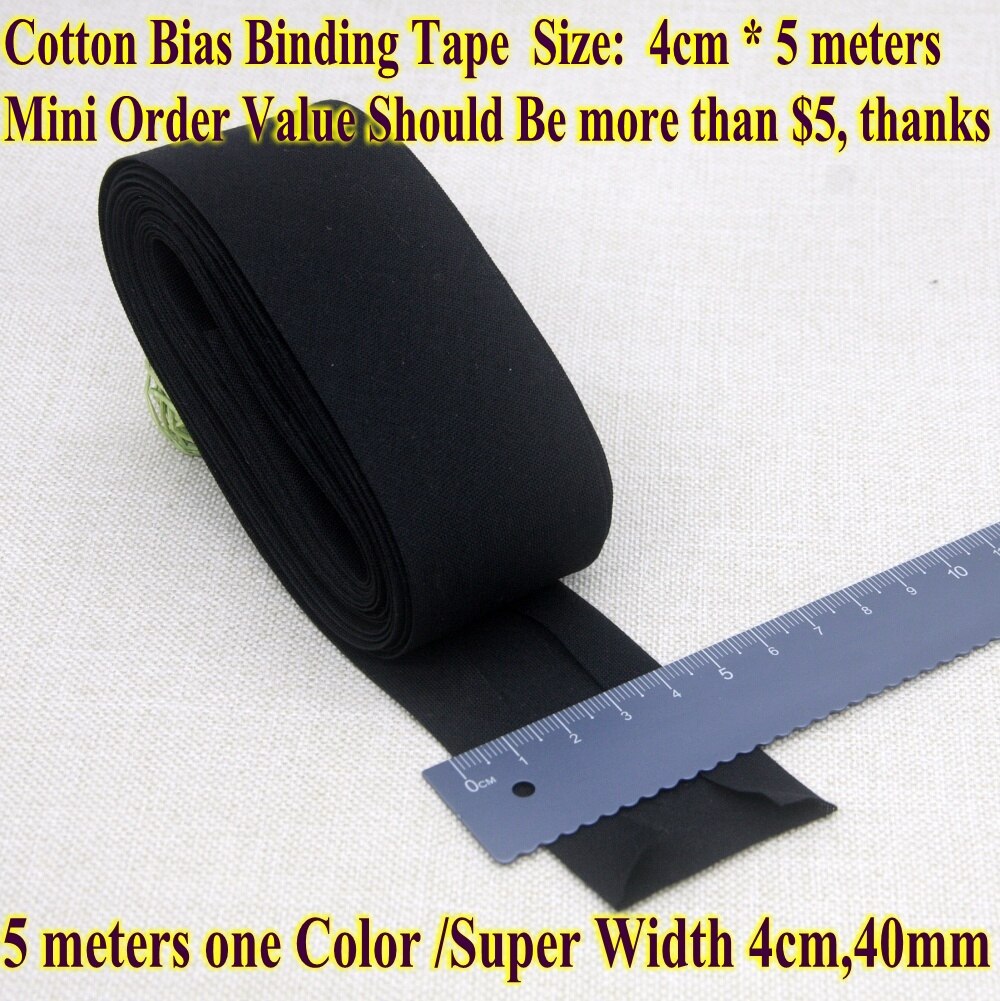 Ruban à biais en coton, taille 4cm, 40mm, 5 mètres, très large, pliable, pour bricolage, matériel de couture, fait à la main: Black 5m