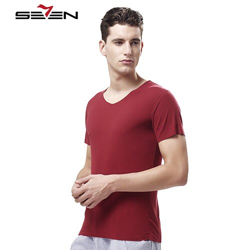 Seven7 Brand Men Undershirts Slim Fit Solid V Neck Comfortable Breathable Men Modal Underwear Short Sleeve Casual Tops 109G48240: Red / L