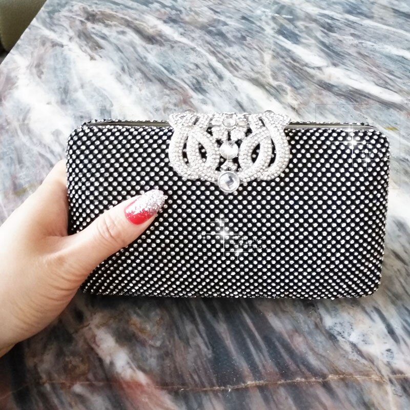 Mulheres sacos de noite strass coroa de metal bolsas cheias de diamantes dia embraiagens bolsa sacos de noite prata/ouro/preto: black