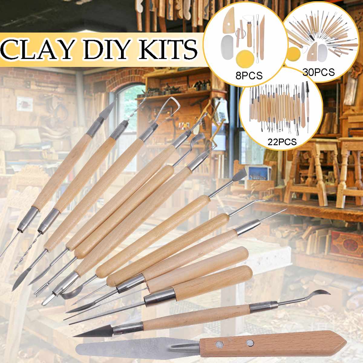 30/22/8PCS Ceramic Clay Tools Set Crafts Polymer DIY Art Modeling Clay Tools Pottery Wooden Pottery Sculpting Clay Cleaning Tool