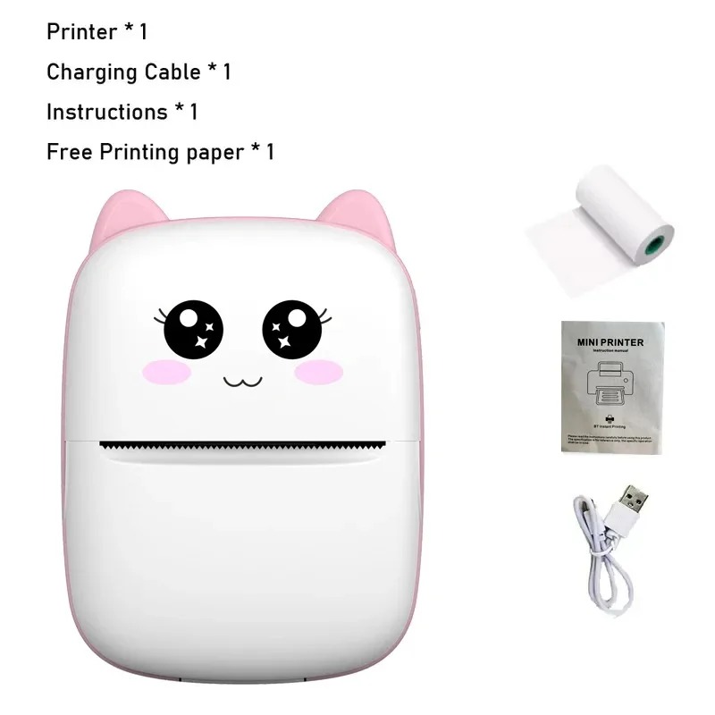 Portable thermal printer mini cat print photo pocket thermal label printer 58mm printing wireless Bluetooth Android iOS printers: black
