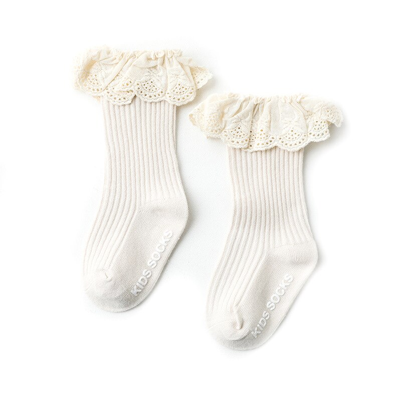 Baby lange sokker til piger varme sokker udbenet dobbeltnål baby blonder blonder piger høje baby sokker skridsikre strømper børn: Hvid / M 1-3 år