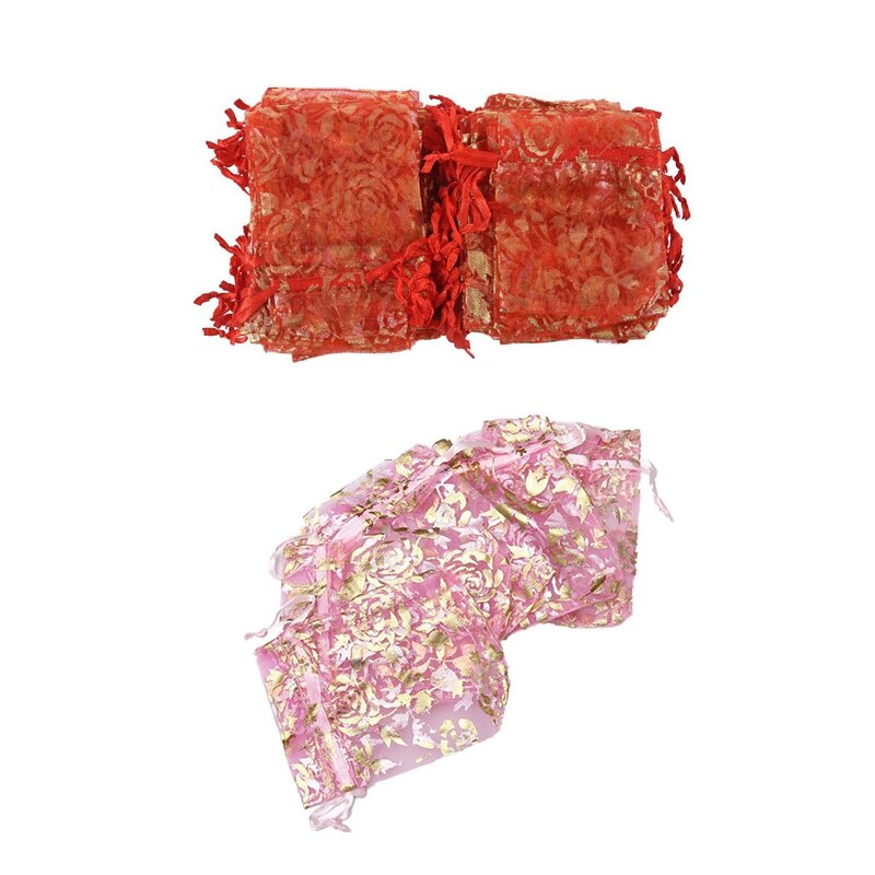 200 stuks 7 x 9cm rozen organza trekkoord sieraden zakjes bruiloft kerstfeest zakjes  - 100 stuks roze & 100 stuks rood