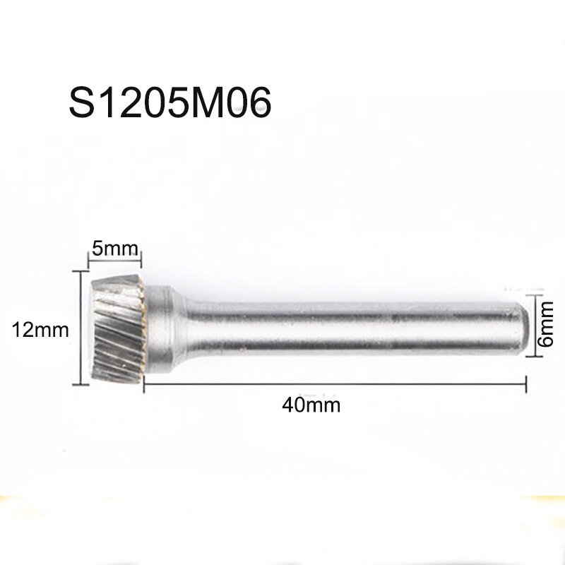 Conical Flat Head Hard Tungsten Steel Wood Carving Tool Grinding Head Milling Cutter S-shaped Rotating Cutter Single Slot: S1205M06
