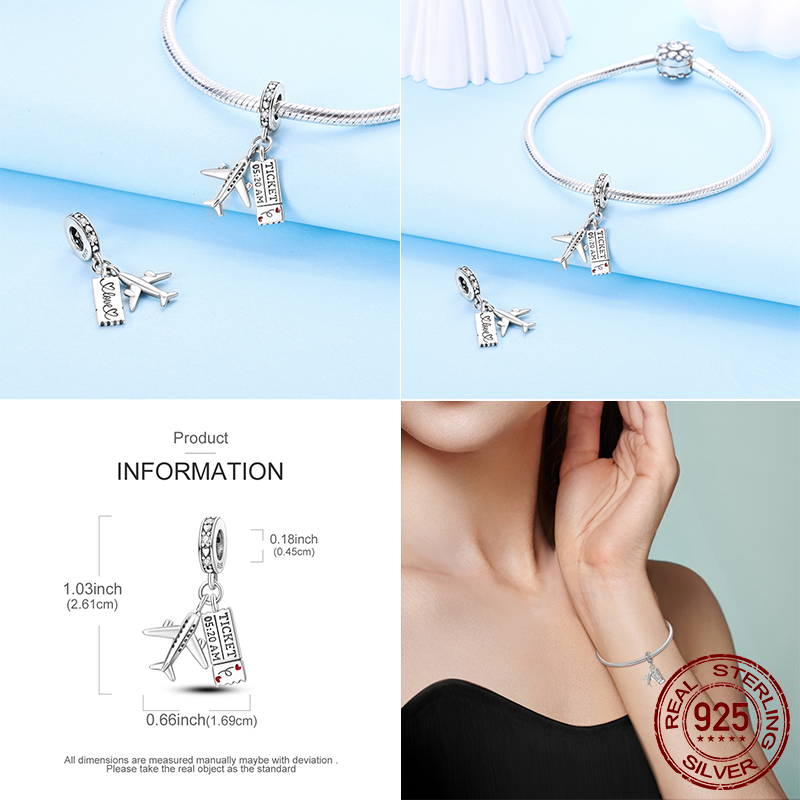 100% 925 argent Sterling avion monde Paris breloques pendentifs ajustement Original Bracelet fabrication de bijoux femme
