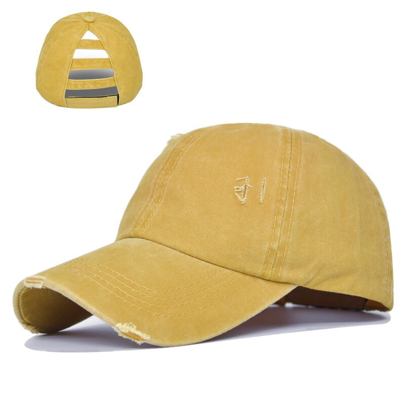 Boné de beisebol buraco lavado nova primavera sólida sunhat homens mulheres verão algodão snapback bonés hip hop chapéu de pesca retro rabo de cavalo viseira: Yellow Cap