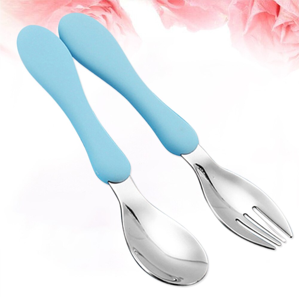 Children Spoon Portable Silicone Handle Stainless Steel Fork Safety Baby Feeding Spoon Eating Training Spork Kids Tableware(