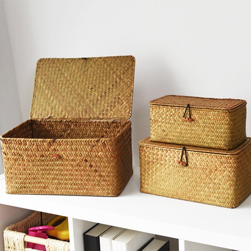 Gevlochten rieten opbergbakken, mandensets voor planken, set  of 3 verschillende maten, multifunctionele container met deksel