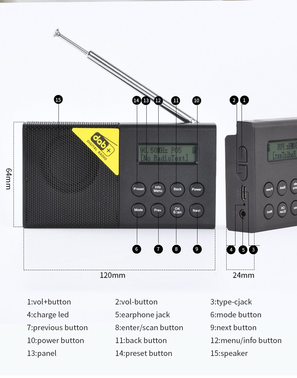 Portable Radio Receiver DAB / DAB+ FM Digital Radio Rechargeable Battery Bluetooth 5.0 Music Player LCD Display