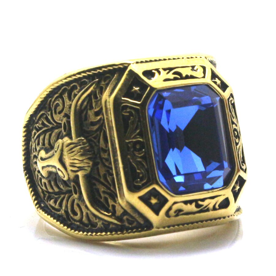 Mens Boys 316L Stainless Cool Golden West Cowboy Blue Green Stone Newest Ring