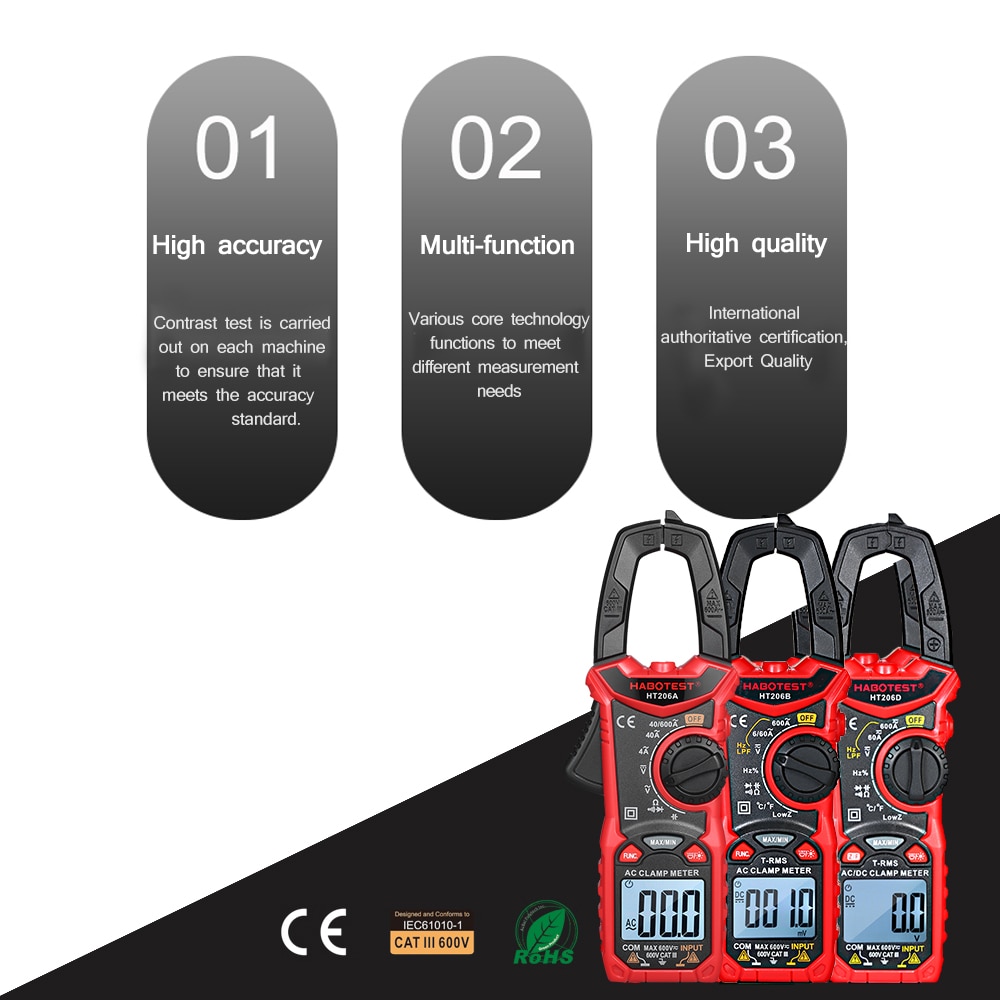 Habotest HT206 Digitale Stroomtang Multimeter Ac Dc Stroomtang Meter Multimeter Auto Range Voltmeter Weerstand Ncv Ohm Test