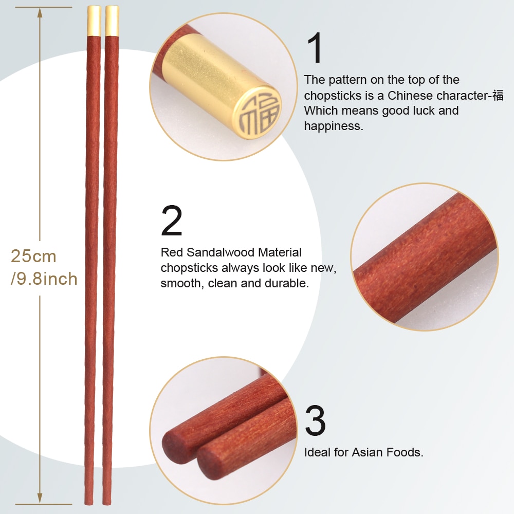 VIP Boutique Box 5 Pairs Red Sandalwood Chopsticks 5PCS Chopstick Rest Solid Wood Pure Copper&quot;FU&quot; Chopsticks Top