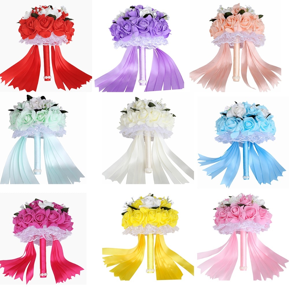 Ramo de novia Artificial Simple de 9 colores para dama de honor con flores de espuma PE ramo de rosas de boda hecho a mano decoración de FW007B