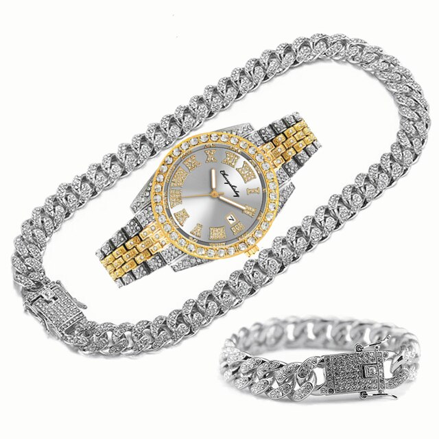 Montre entièrement glacée pour hommes, Bracelet, collier, ras du cou, bijoux bling-bling, grande chaîne en or, Hip Hop, ensemble de montre: bsliver mix white