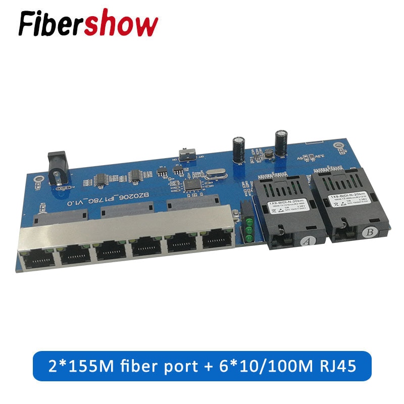Ethernet Fiber switch 6 RJ45 2 SC Optical Media Converter Single Mode fiber Port PCB 10/100M