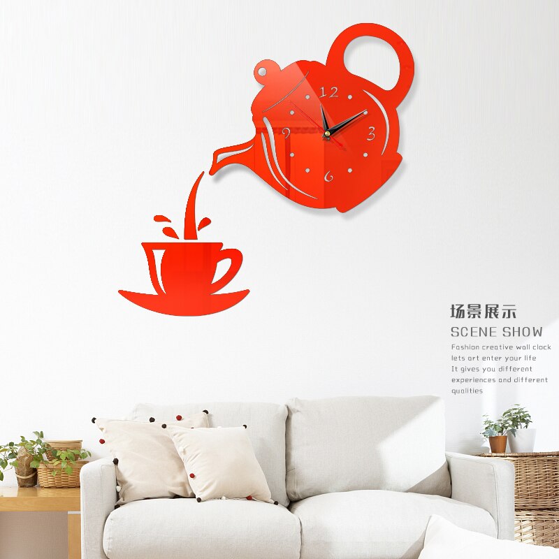 Diy 3D Teapot Wall Clock For Acrylic Coffee Cup, Kitchen Decorative Wall Clock, Wall Clocks For Living Room WJ10: red